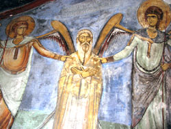 прижизненное изображение преподобного Неофита с ангелами. Фреска в монастырском храме